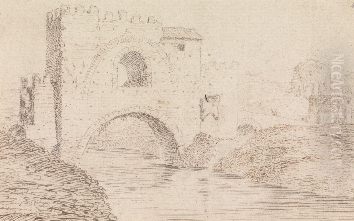 River, with Stone Covered Bridge, and Arched Window Oil Painting by Henry Swinburne