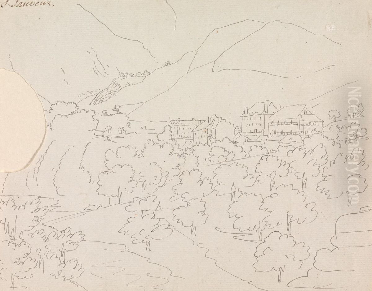 Mountain Landscape View of a River Flowing through a Town Oil Painting by Henry Swinburne