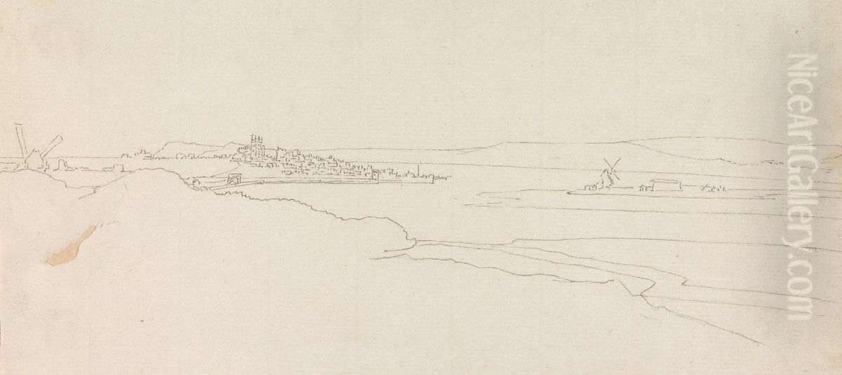 Landscape, With Windmills, and a Town in the Horizon Oil Painting by Henry Swinburne