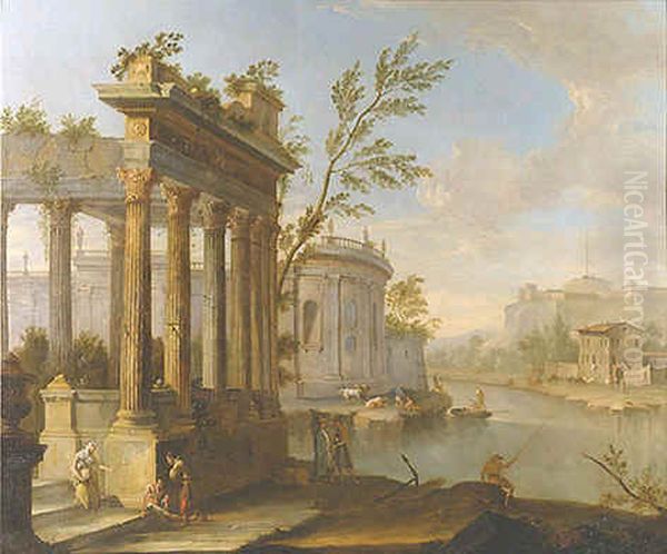 A Capriccio Landscape with Figures and Classical Ruins by a River Oil Painting by Willem van der Hagen