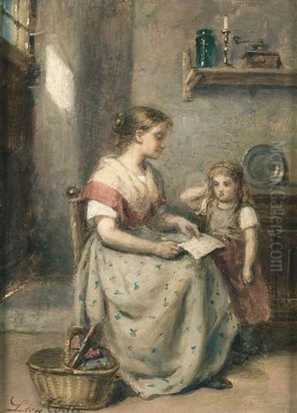 Interieurszene Mit Mutter Und Kind. Oil Painting by Leon Caille