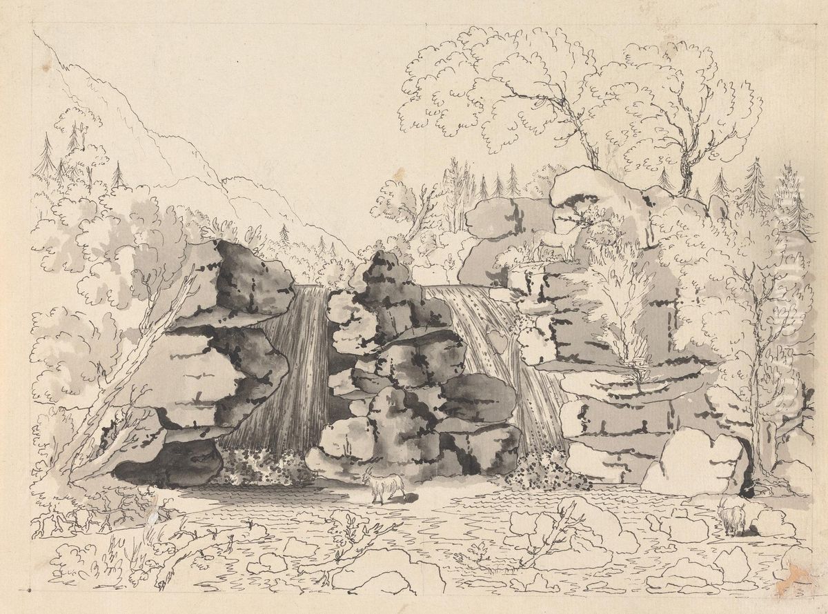 Rocky Landscape with Waterfalls and Goats Oil Painting by Henry Swinburne