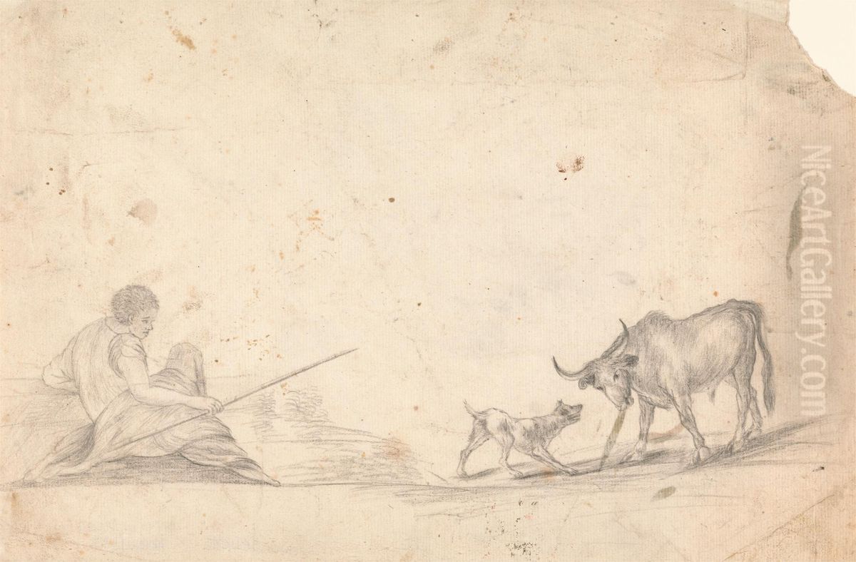 Herdsman, Dog, and Cow Oil Painting by James Bruce