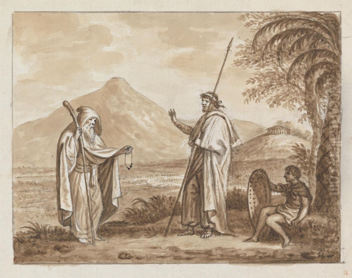 Old Man, Warrior and Boy in a Classical Landscape Oil Painting by James Bruce