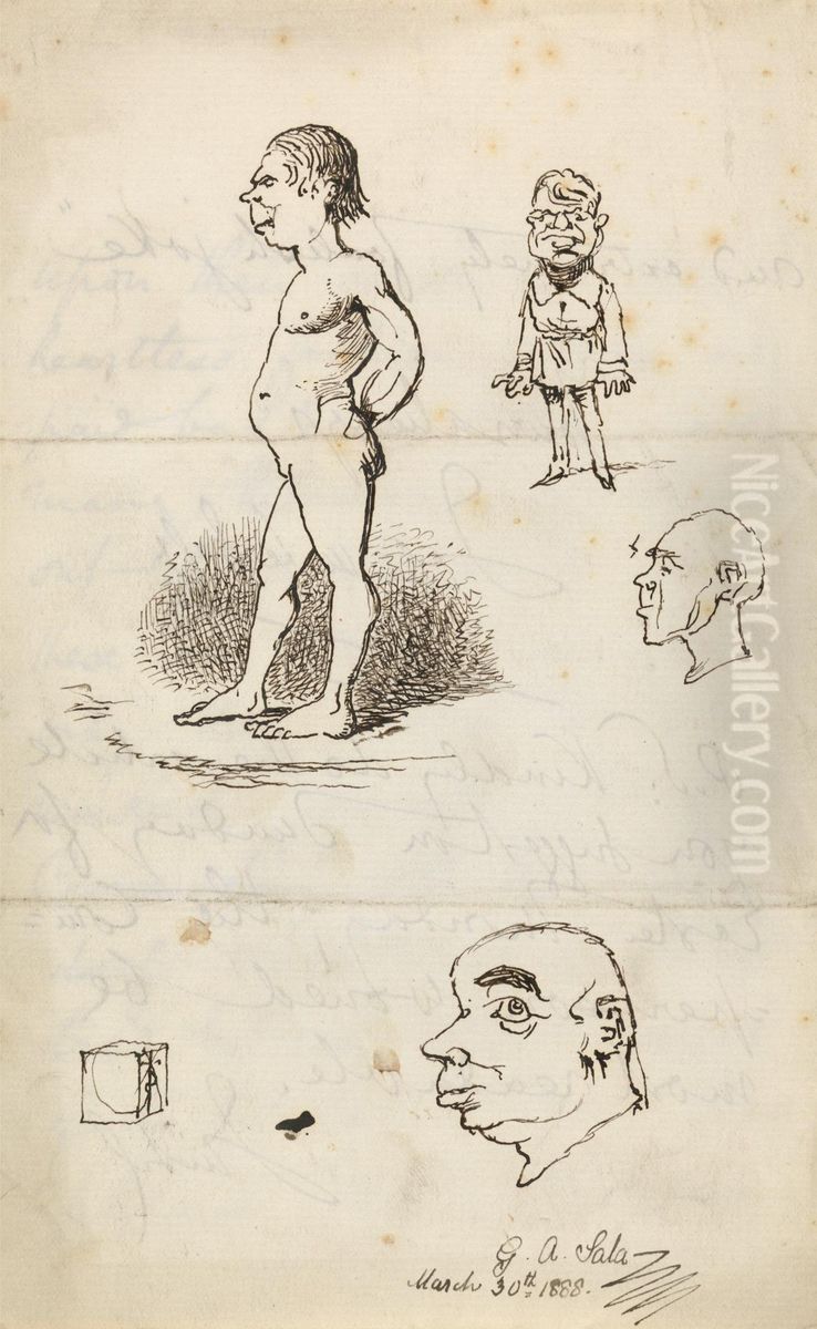 Nude Man, Standing Man, Two Profiles, and Box Oil Painting by George Augustus Sala