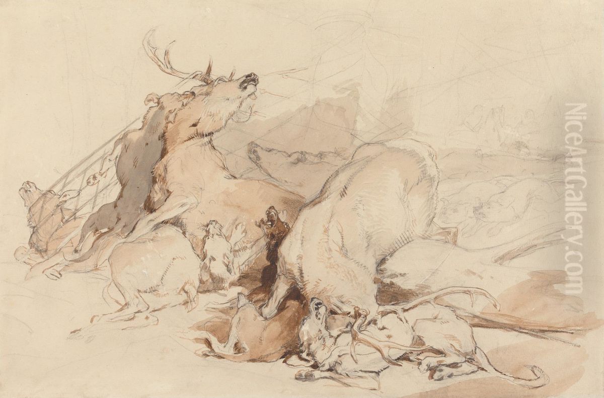 Hounds and Hunters Attacking Deer Oil Painting by Sir Edwin Henry Landseer