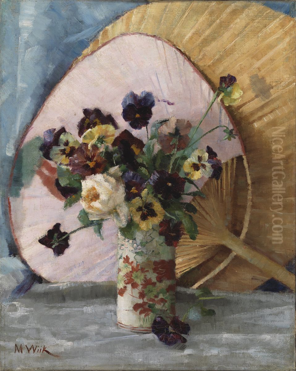 A Study of Pansies and a Japanese Fan Oil Painting by Maria Wiik