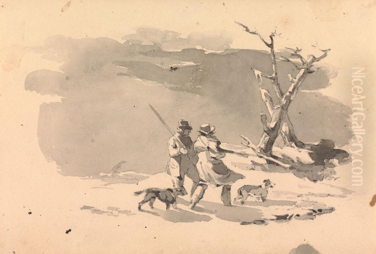 Two Hunters and Two Dogs in Winter Scene Oil Painting by Thomas Sully