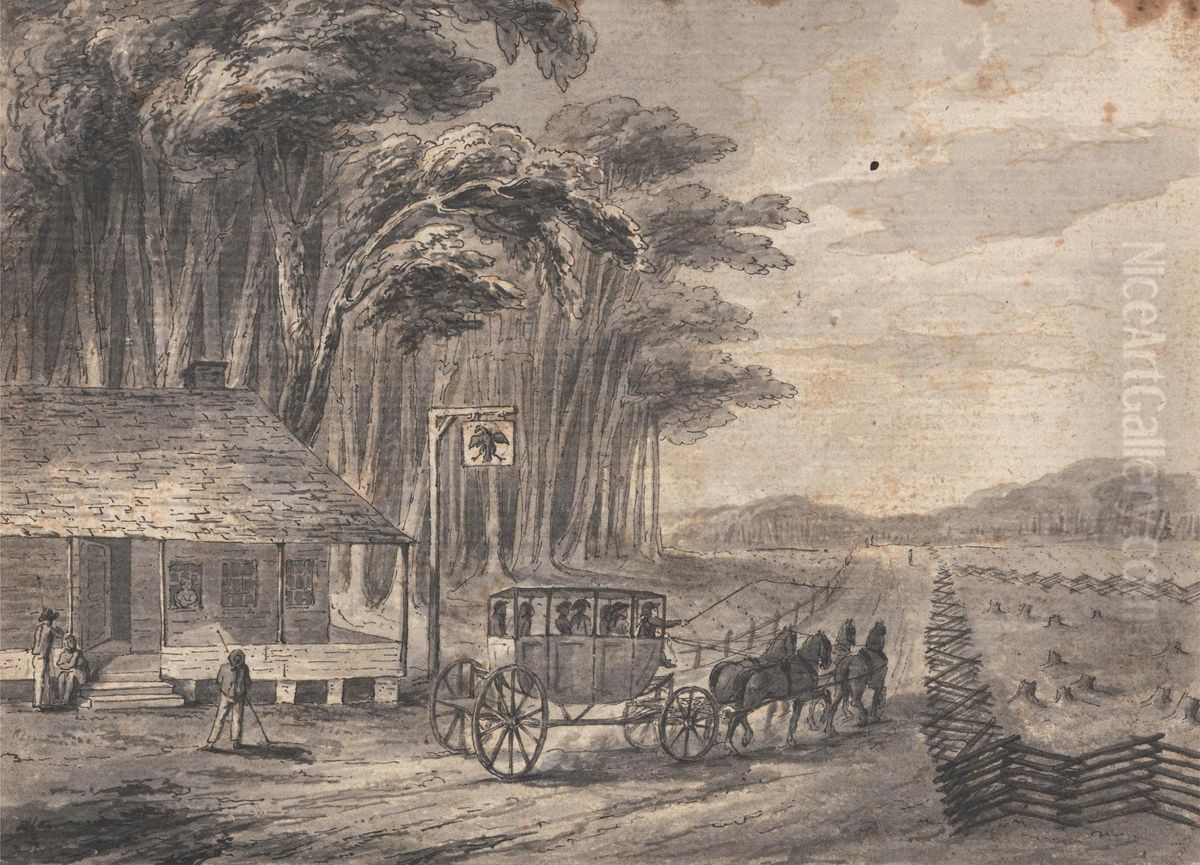 American Stage Wagon Oil Painting by Isaac Weld