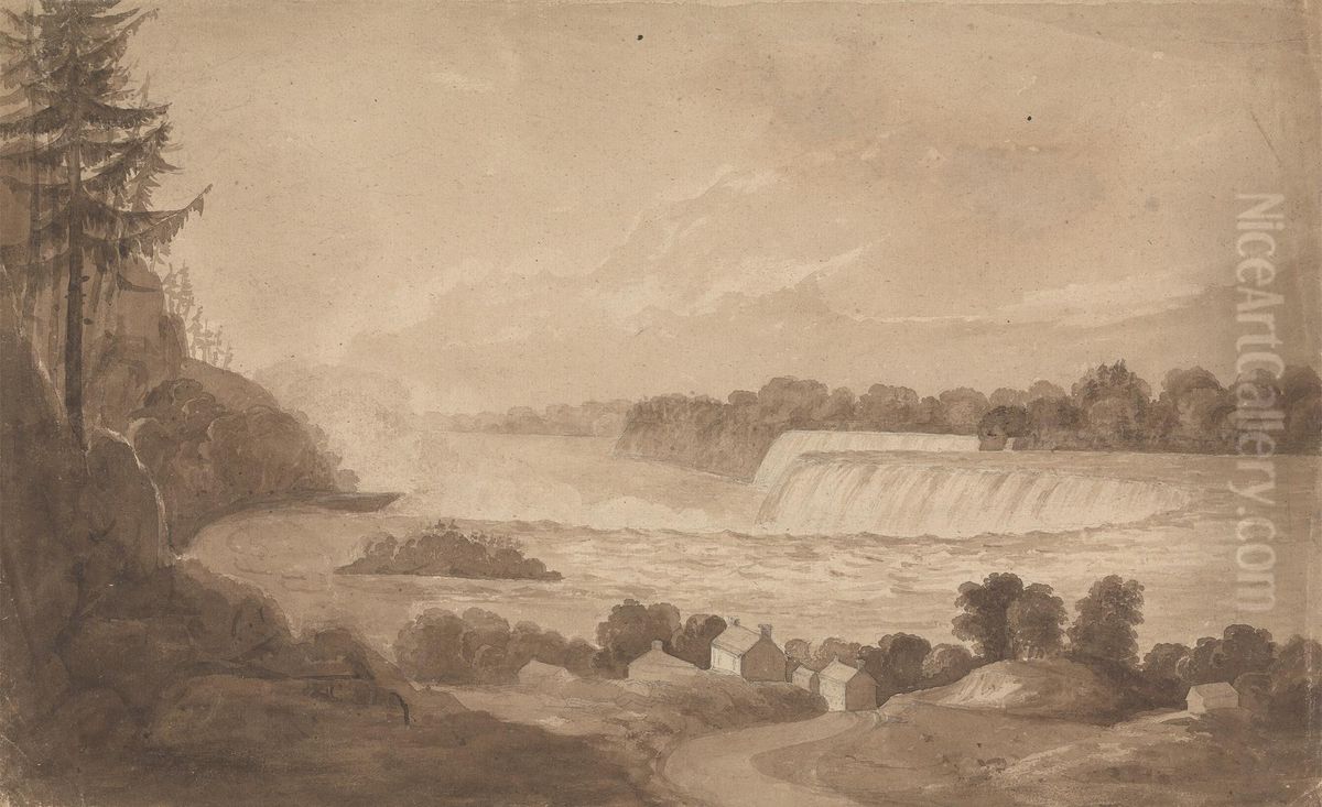 View of Niagara Falls with the Falls in the Background, Right, and Landscape with Houses in the Foreground Oil Painting by Isaac Weld