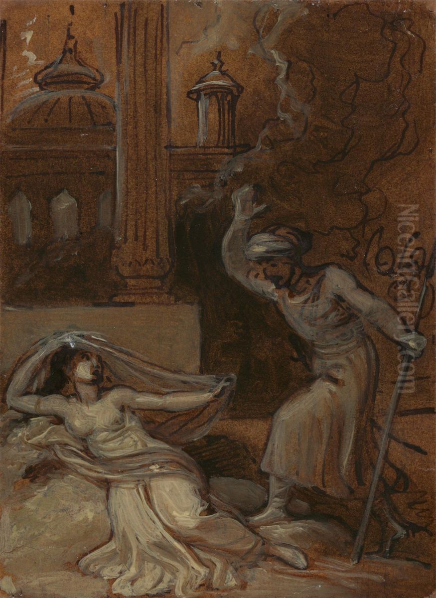 Illustration for an Eastern Romance, possibly 'The Arabian Nights' (with female figure reclining at left) Oil Painting by Robert Smirke