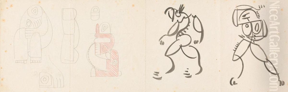 Two Dancing Figures and Five Studies for a Mother and Child Grouping Oil Painting by Henri Gaudier-Brzeska