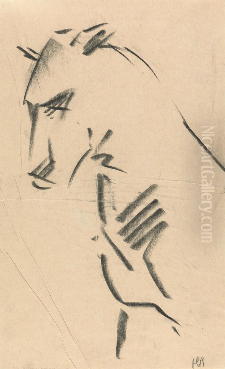 Three-quarter View of a Lioness Oil Painting by Henri Gaudier-Brzeska