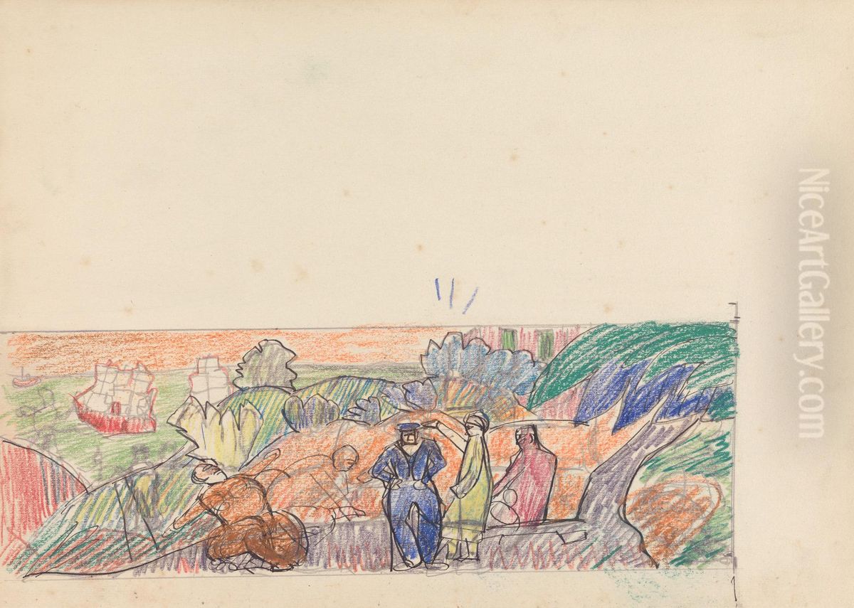 Study for Mural, Gentleman in Foreground Oil Painting by Spencer Gore