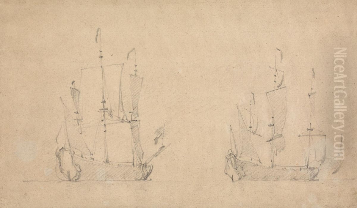 Starboard-quarter view of a Flagship in light airs and similar view of another Oil Painting by Willem van de Velde the Younger