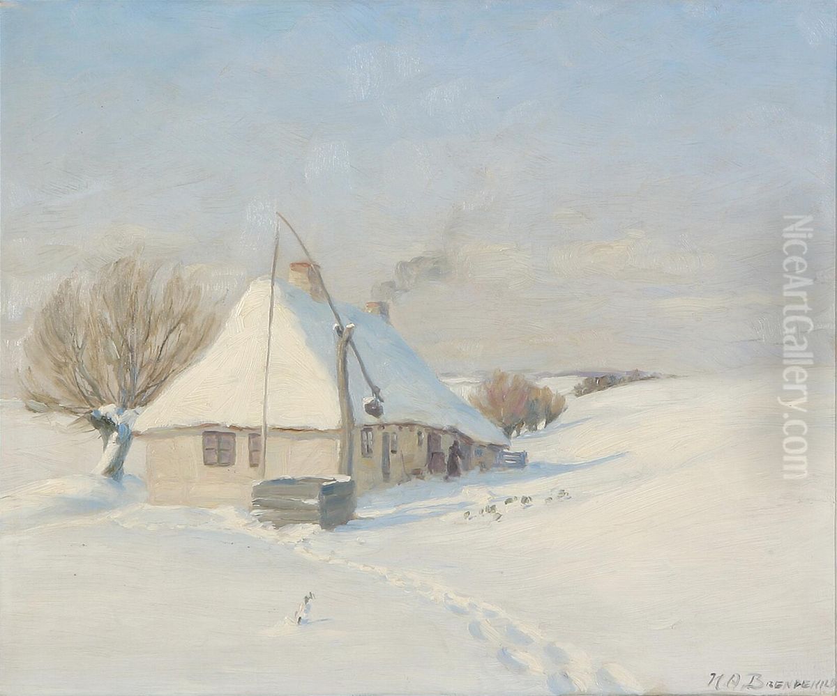 Klar Vinterdag. Horby Mark pa Fyen. Oil Painting by H. A. Brendekilde
