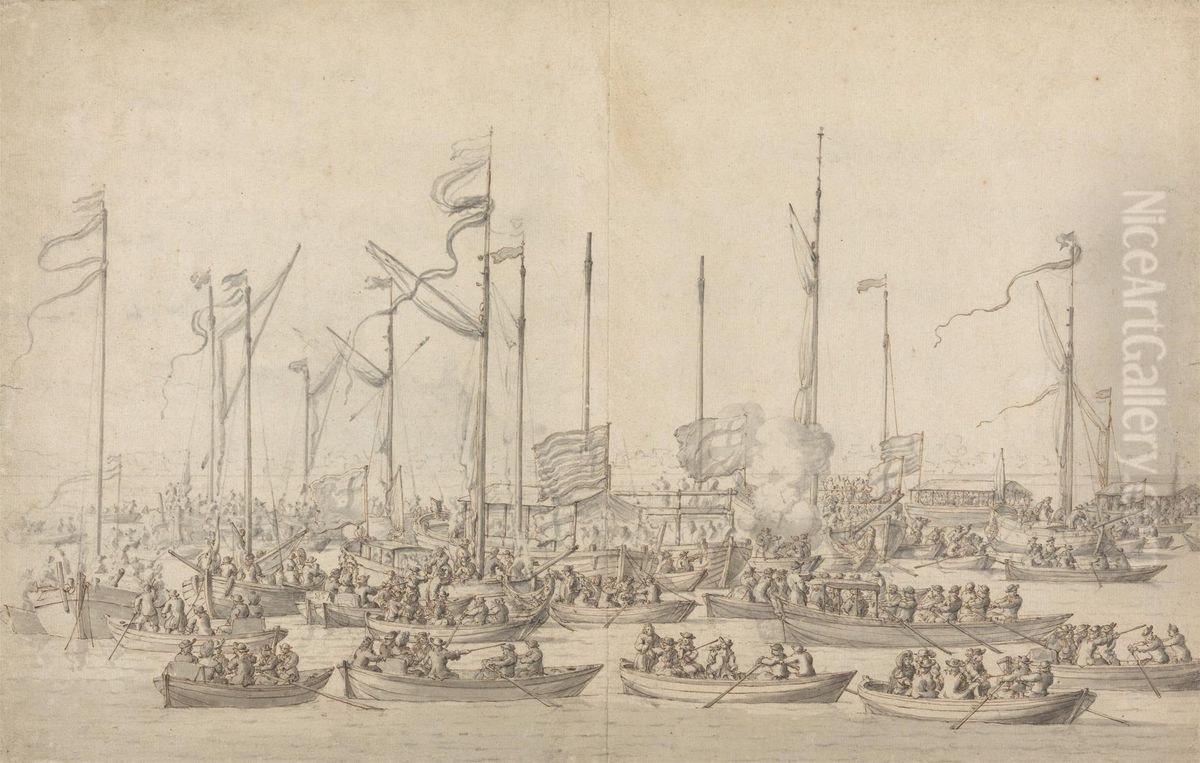 Celebration on the Thames near Whitehall Oil Painting by Willem van de, the Elder Velde