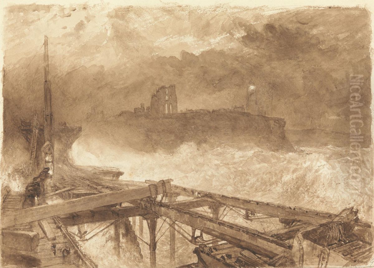 Study for Tynemouth Pier - Lighting the Lamps at Sundown Oil Painting by Alfred William Hunt