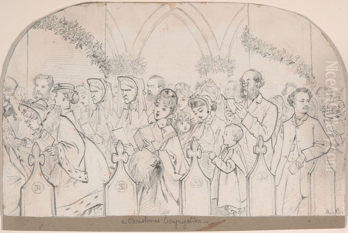 A Christmas Congregation Oil Painting by Adelaide Claxton