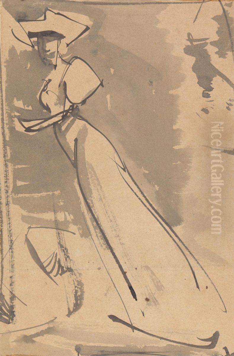 Study of a Woman with Wide Hat Oil Painting by Joseph Crawhall