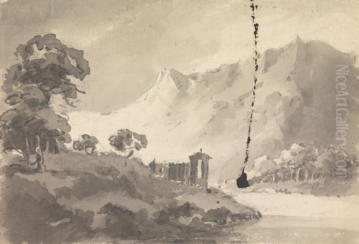 Landscape with Castle, River and Mountain Oil Painting by William Gilpin