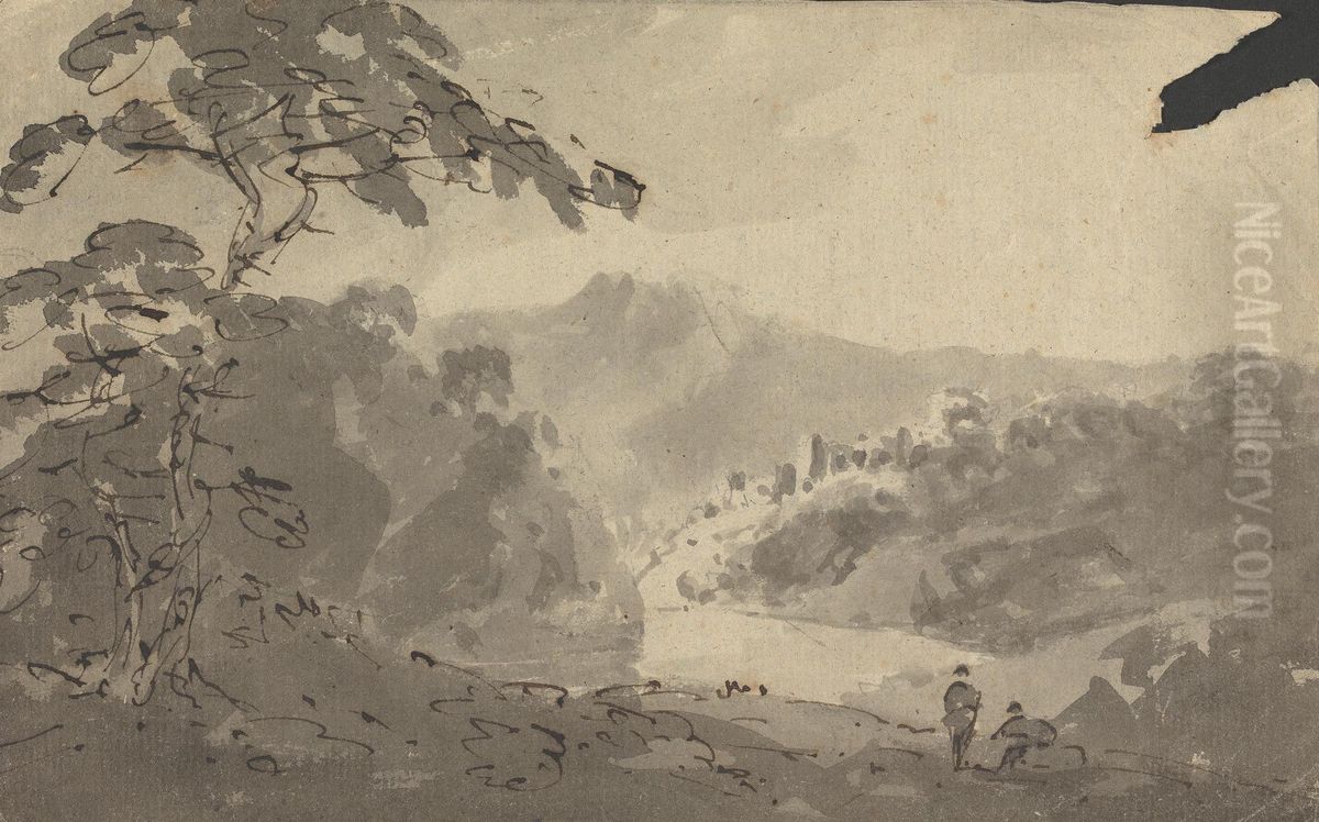 Two Men Looking Into Landscape with Castle, River and Mountain Scene Oil Painting by William Gilpin