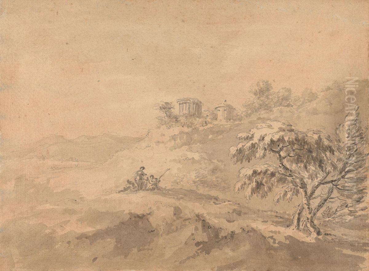 Two Men in a Landscape and a Castle on a Hill Oil Painting by William Gilpin