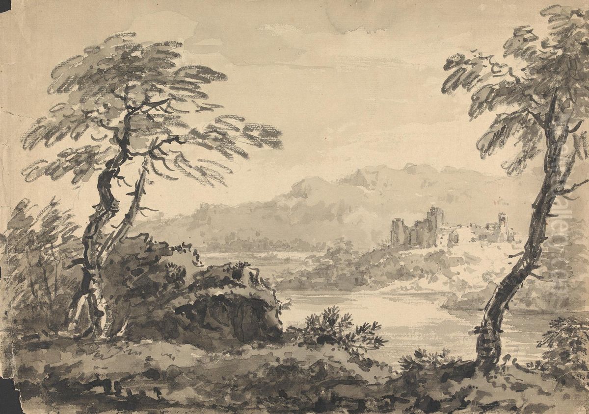 Landscape with Two Trees and Castle Oil Painting by William Gilpin