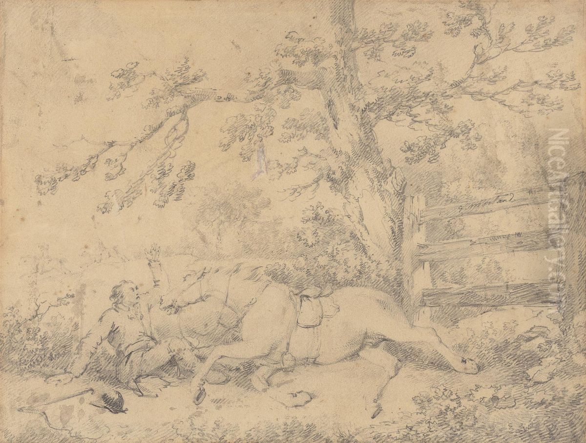 Fallen Horse and Rider, The Hunt Disappearing Left Oil Painting by George Morland