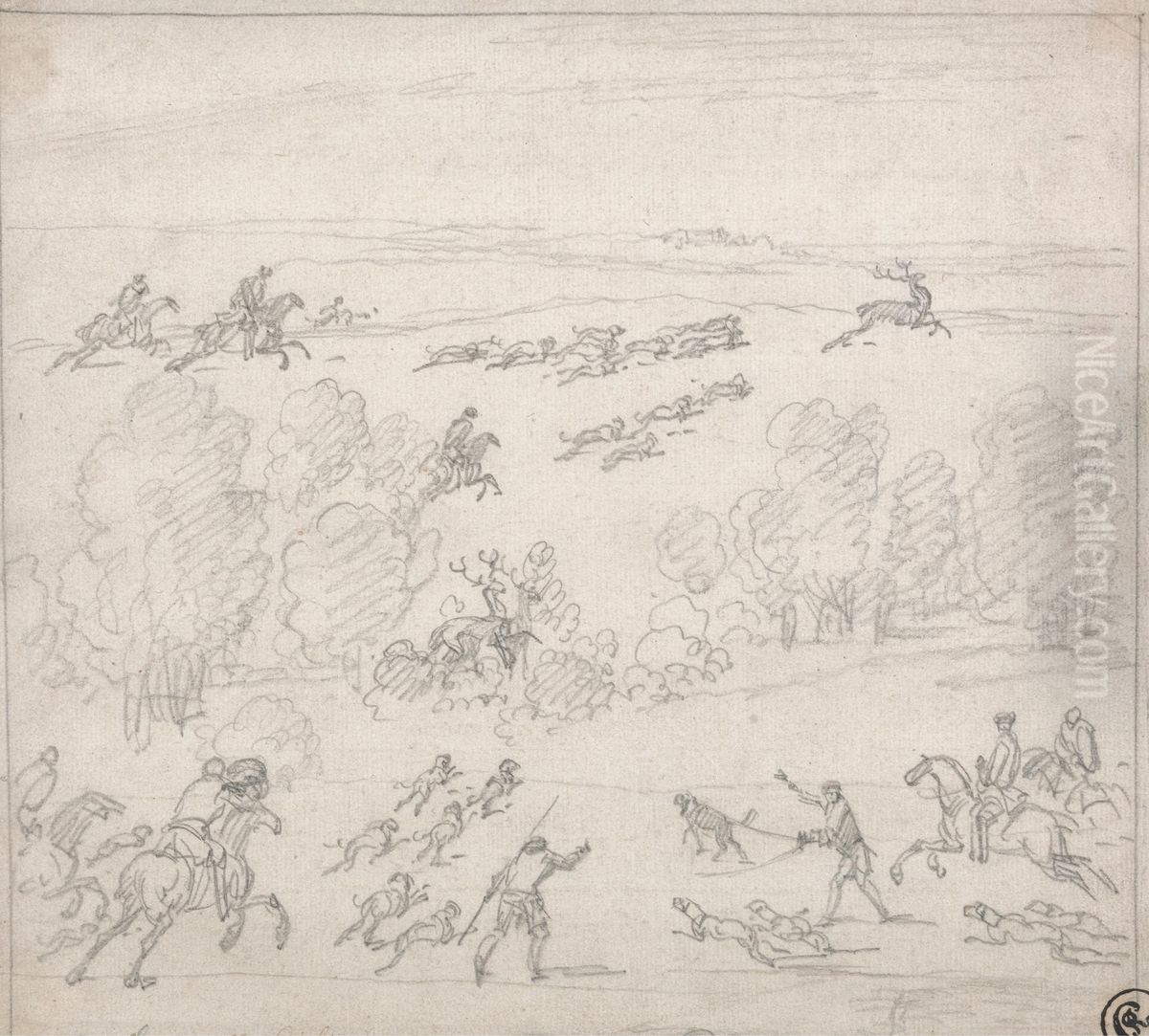 A Stag Hunt Oil Painting by John Wootton