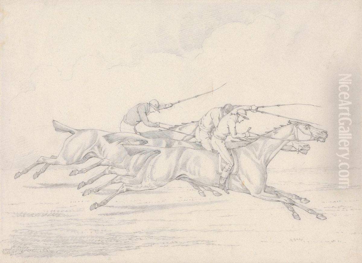 Racing, Three Horses with Jockeys Up Galloping to Right Oil Painting by Henry Thomas Alken