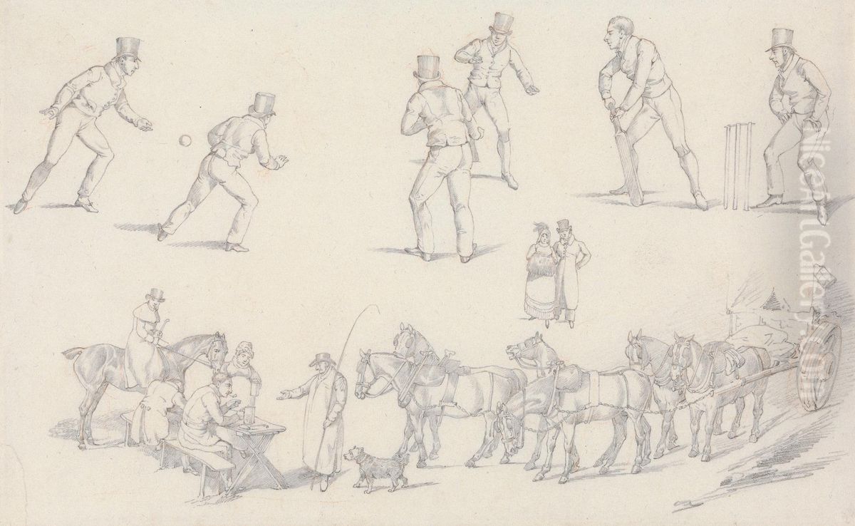 Scenes of Cricket and a Waggoner With His Team Oil Painting by Henry Thomas Alken