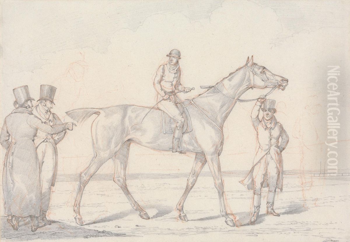 Racehorse with Jockey Up, Two Men Discussing the Horse Oil Painting by Henry Thomas Alken