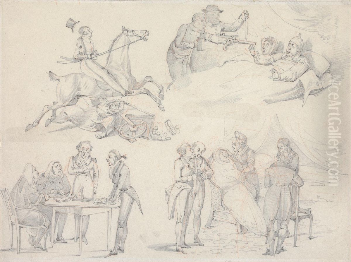 of Unwelcome Guests, of Being Off the Curb, of Can't Exactly Say: No Consulation of Physicians, of W'ont Exactly Say: No Consultations of Lawyers. Oil Painting by Henry Thomas Alken