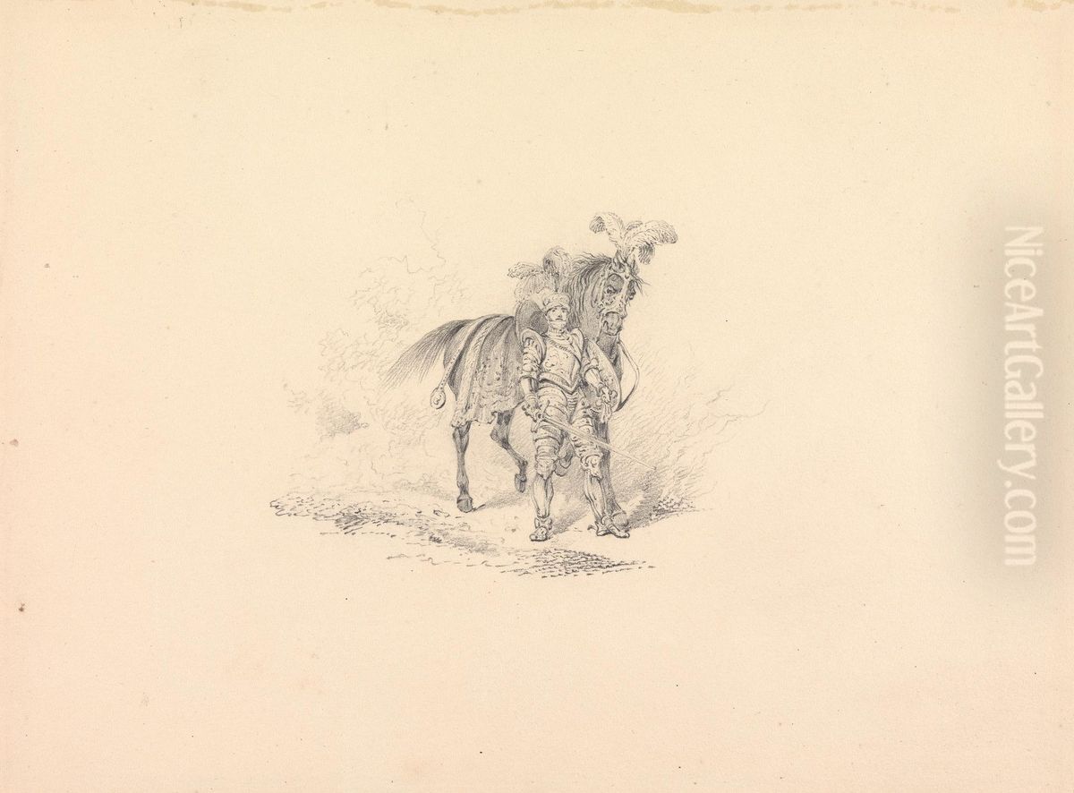 Knight in Armour Standing by a Plumed and Caparisoned Horse Oil Painting by Henry Thomas Alken