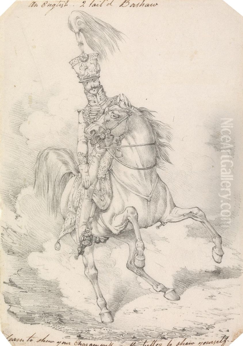 Hussar with High Plume in His Helmet, Mounted on a Horse, With High Held Swishing Tail Oil Painting by Henry Thomas Alken
