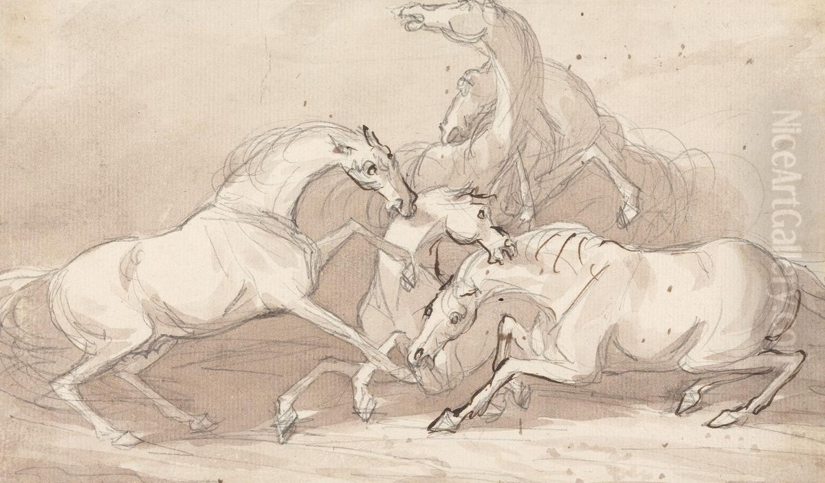 A Group of Five Horses Fighting Oil Painting by Sawrey Gilpin