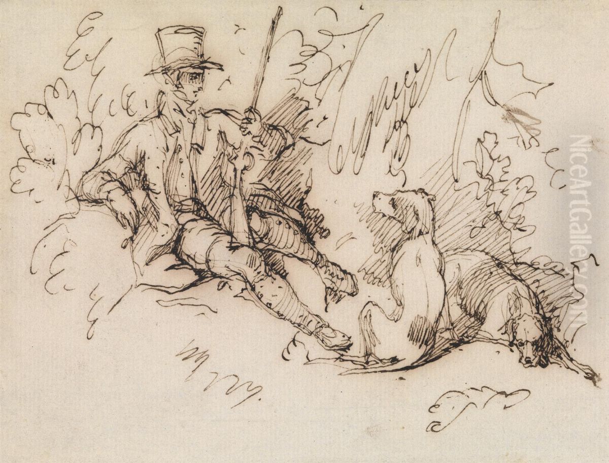 Sportsman and Two Dogs Oil Painting by Sir Edwin Henry Landseer