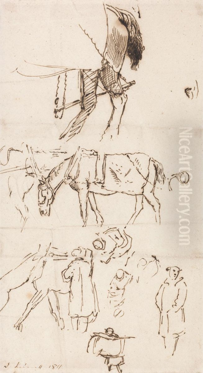 Studies of Horses, Men and Carriages Oil Painting by John Linnell