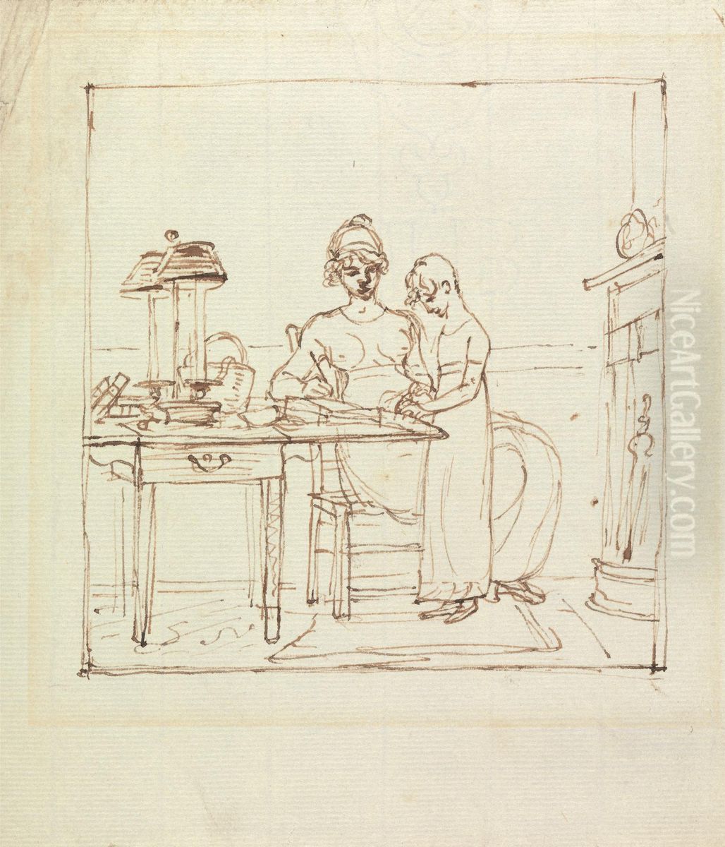 Woman and Girl at a Writing Desk Oil Painting by Benjamin West