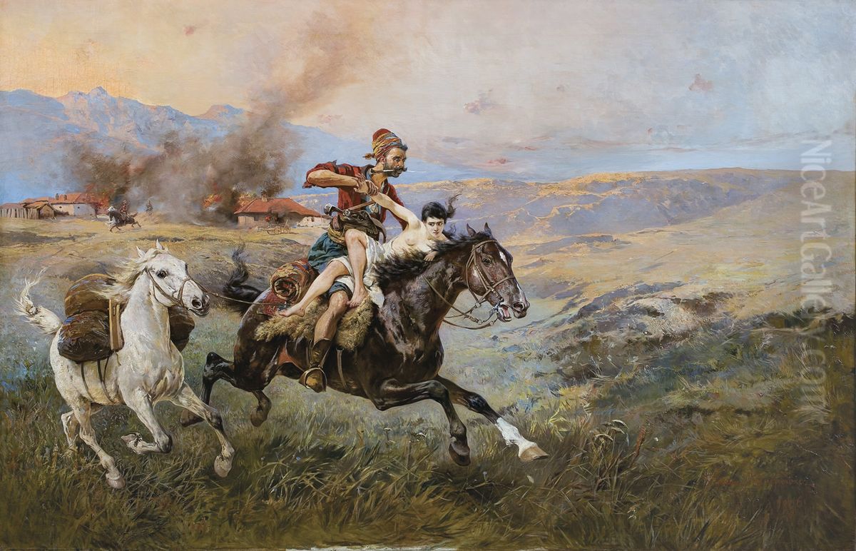 Raid in the Steppe Oil Painting by Tadeusz Ajdukiewicz