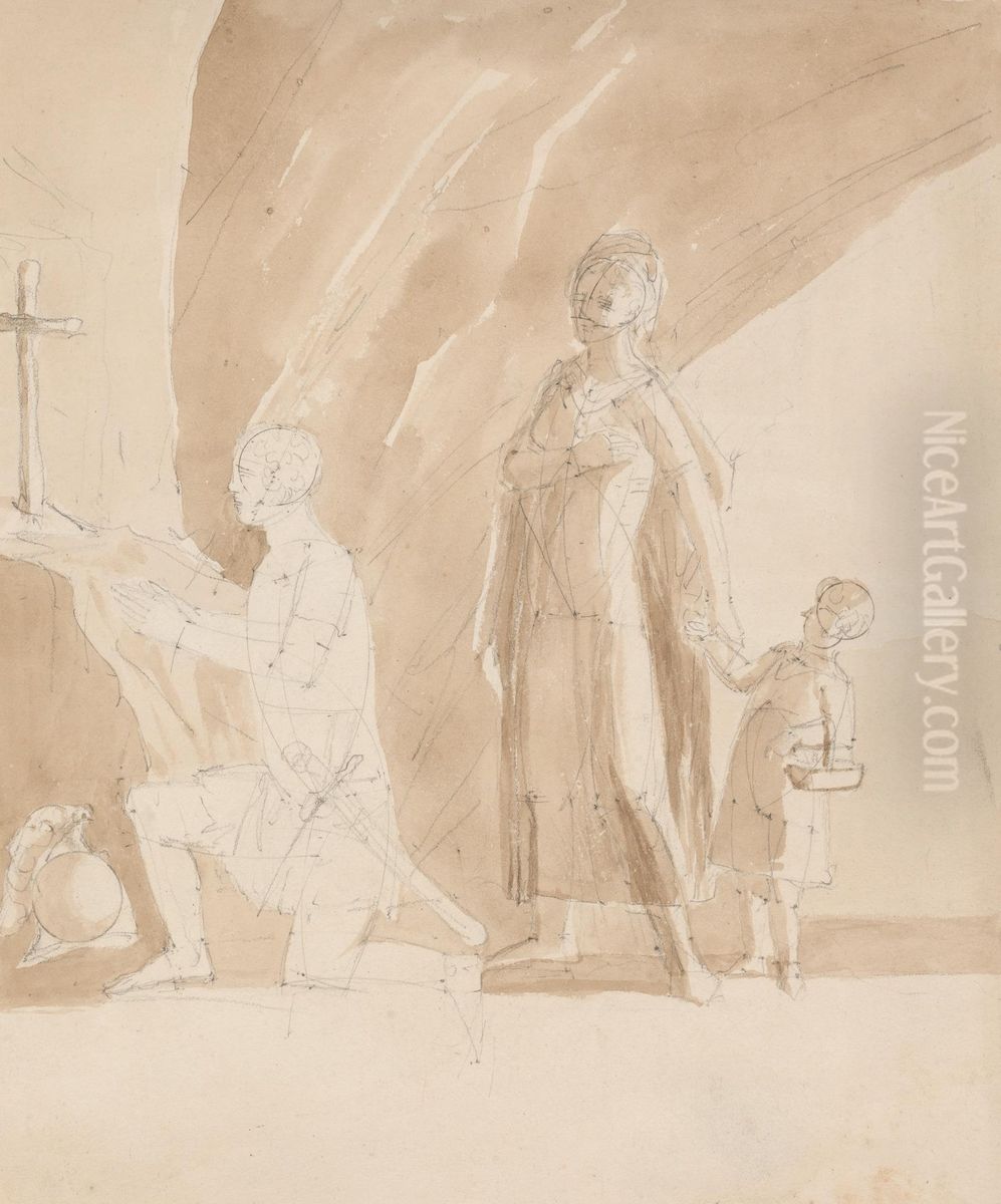 A Kneeling Knight with a Female Figure and Child Oil Painting by Charlotte of Mecklenburg-Strelitz