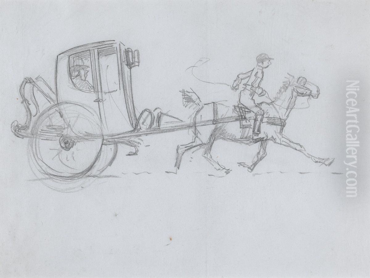 A Man in an enclosed Carriage being pulled by a Horse with a Rider Oil Painting by Hablot Knight Browne