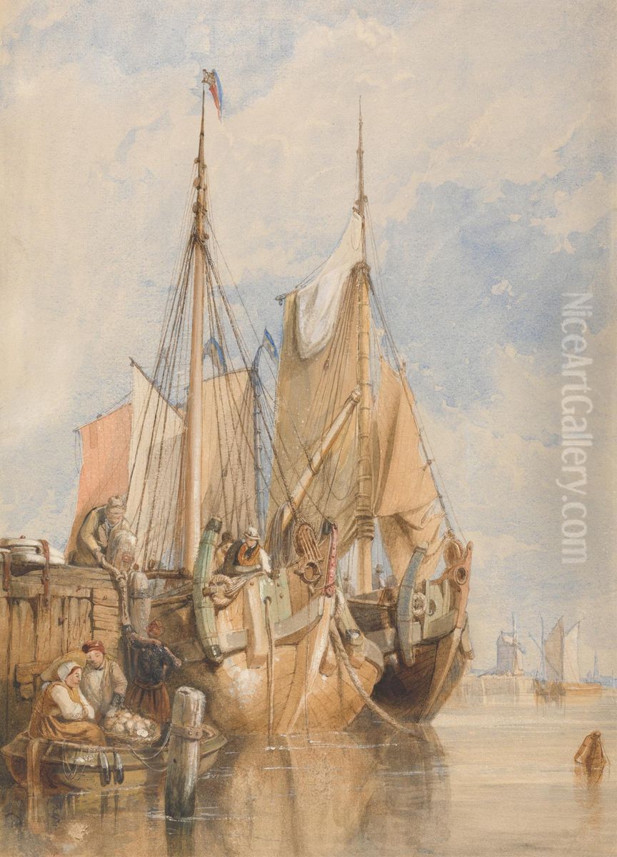 Dutch Fishing Vessels by a Quay Oil Painting by Clarkson Frederick Stanfield
