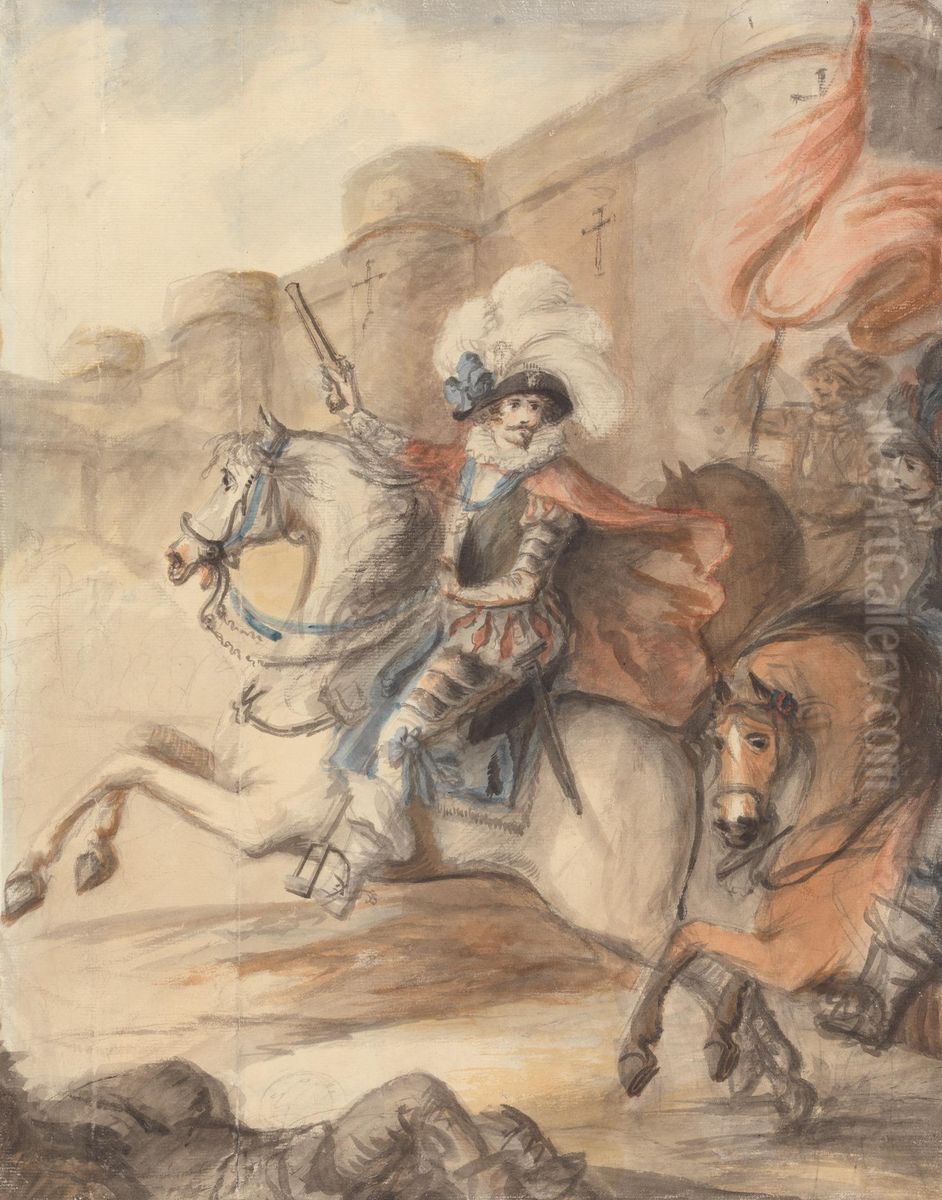 A Cavalry Officer (Henry IV) Leading a Charge Outside a Castle Oil Painting by Henry Bunbury