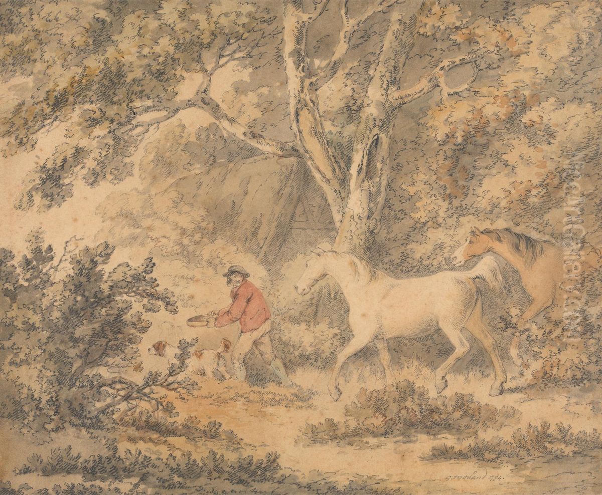 Landscape with Horses, Farmer and Dog Oil Painting by George Morland