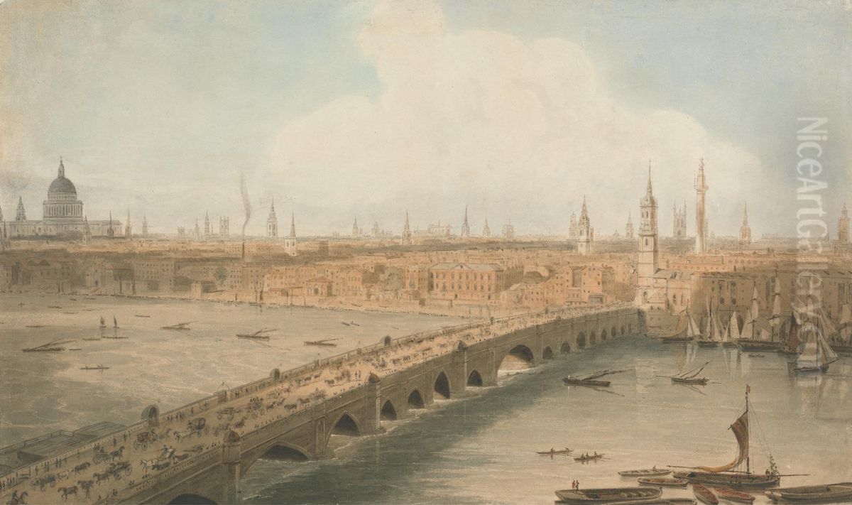 View of London Bridge and St. Paul's Cathedral Oil Painting by William Daniell RA