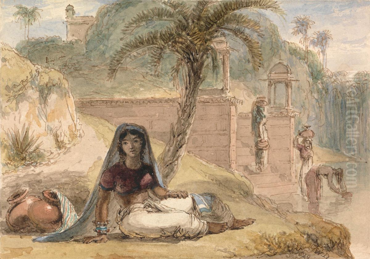 Indian Girl Seated by a River Oil Painting by William Daniell RA