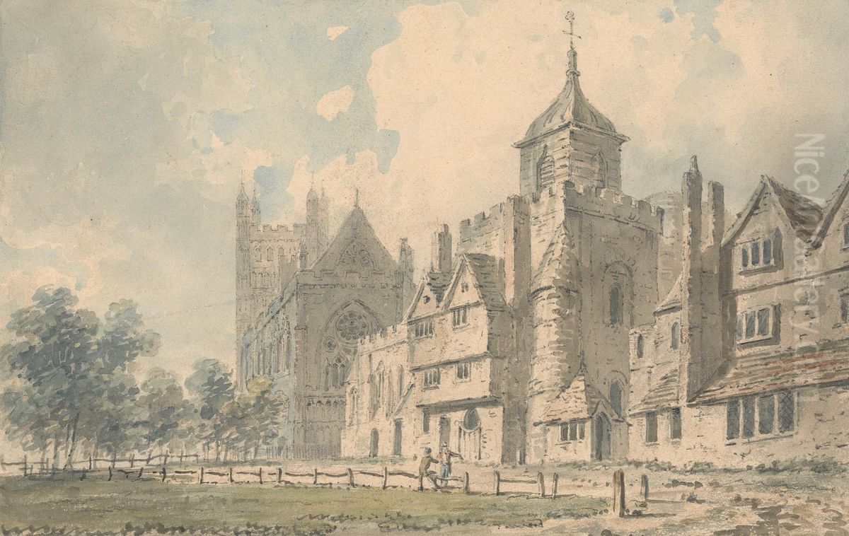 Exeter Cathedral and neighboring buildings Oil Painting by Edward Dayes