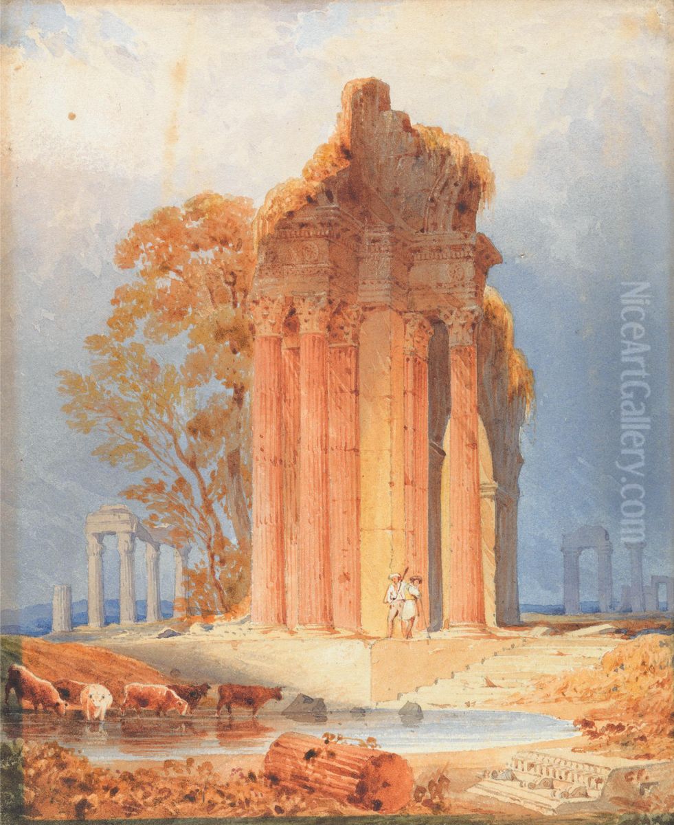Cattle Watering by Corinthian Columns Oil Painting by Copley Fielding
